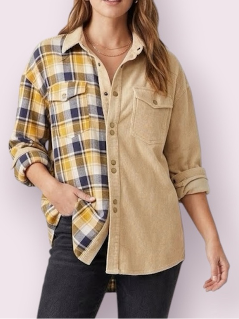 Oli & Hali Flannel Corduroy Snap Up Shirt Jacket Shacket Tan Oversized Medium